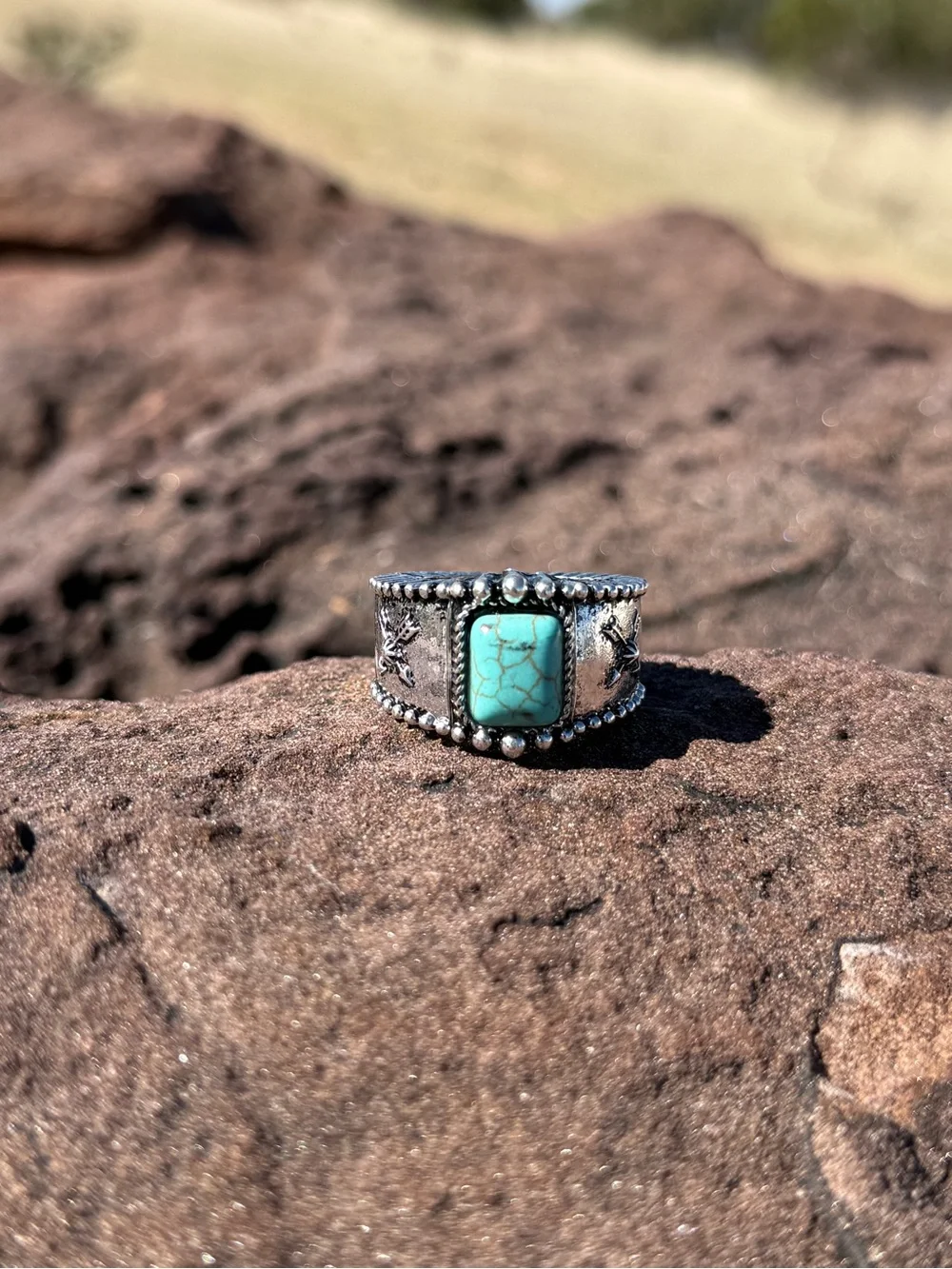 Turquoise Statement Silver Rings - Elastic Stretch Fit
